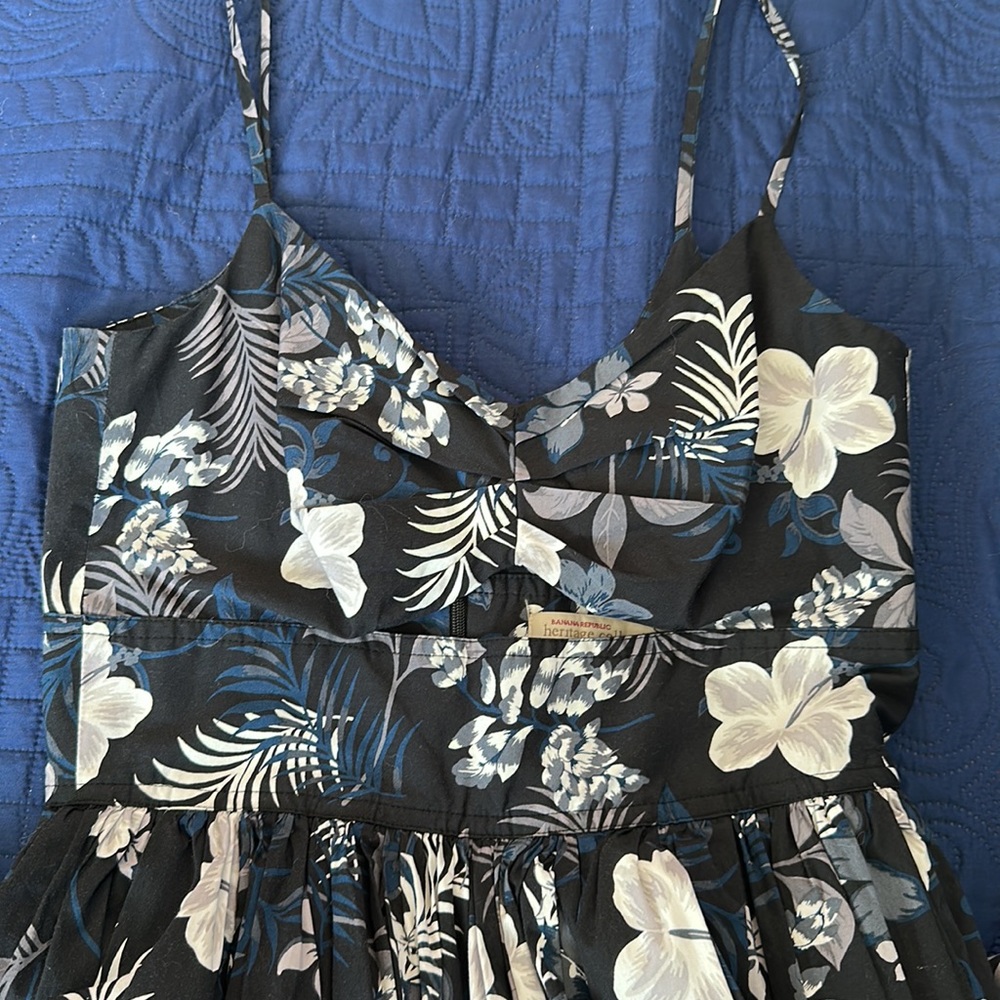 Banana Republic Black Floral Midi Dress with White and Blue Blossoms - Picture 2 of 3